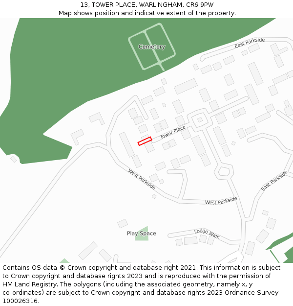 13, TOWER PLACE, WARLINGHAM, CR6 9PW: Location map and indicative extent of plot
