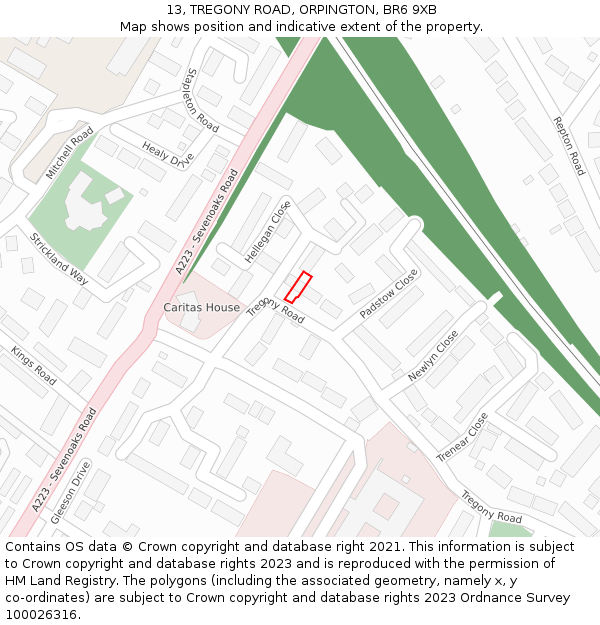 13, TREGONY ROAD, ORPINGTON, BR6 9XB: Location map and indicative extent of plot