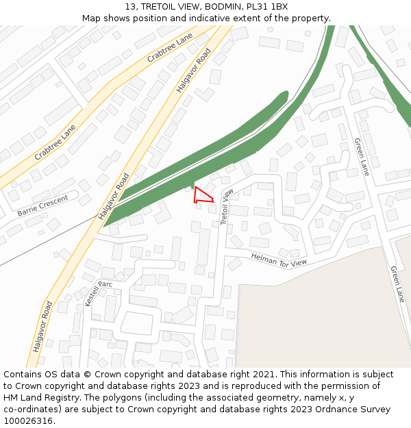 13, TRETOIL VIEW, BODMIN, PL31 1BX: Location map and indicative extent of plot
