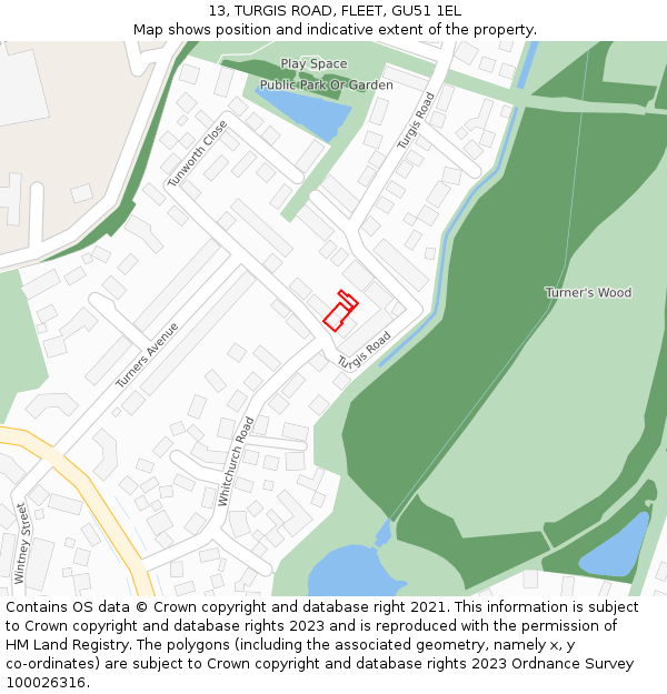 13, TURGIS ROAD, FLEET, GU51 1EL: Location map and indicative extent of plot