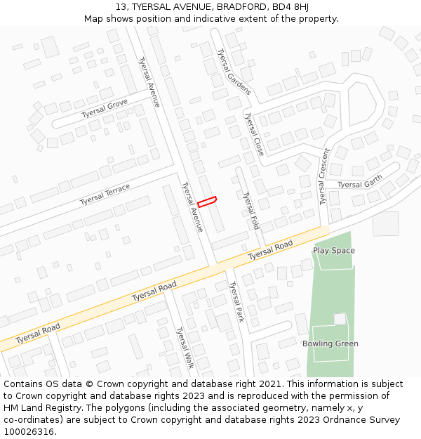 13, TYERSAL AVENUE, BRADFORD, BD4 8HJ: Location map and indicative extent of plot