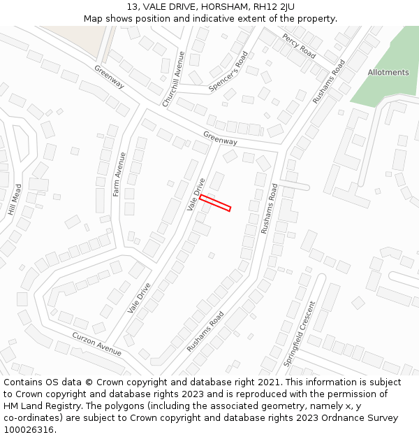 13, VALE DRIVE, HORSHAM, RH12 2JU: Location map and indicative extent of plot