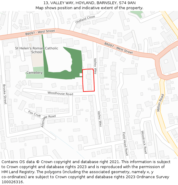13, VALLEY WAY, HOYLAND, BARNSLEY, S74 9AN: Location map and indicative extent of plot