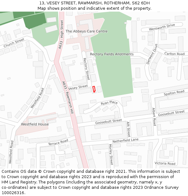 13, VESEY STREET, RAWMARSH, ROTHERHAM, S62 6DH: Location map and indicative extent of plot