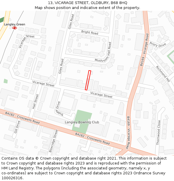 13, VICARAGE STREET, OLDBURY, B68 8HQ: Location map and indicative extent of plot