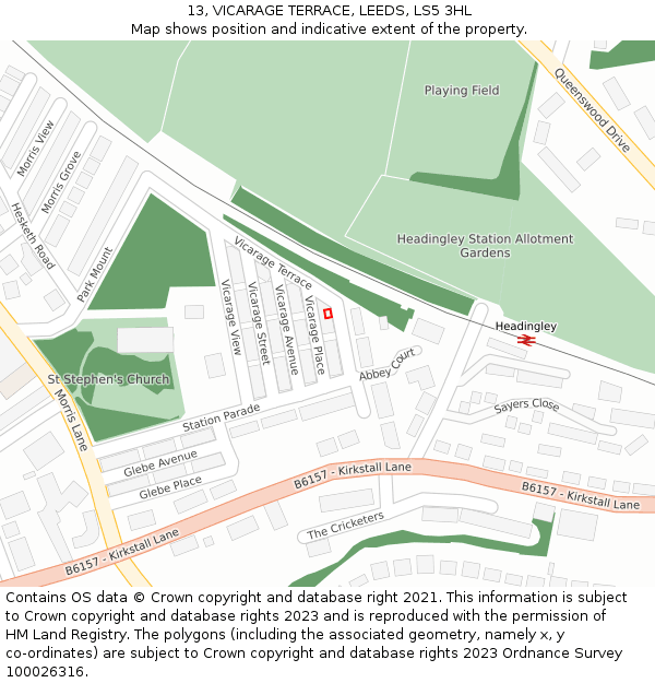 13, VICARAGE TERRACE, LEEDS, LS5 3HL: Location map and indicative extent of plot