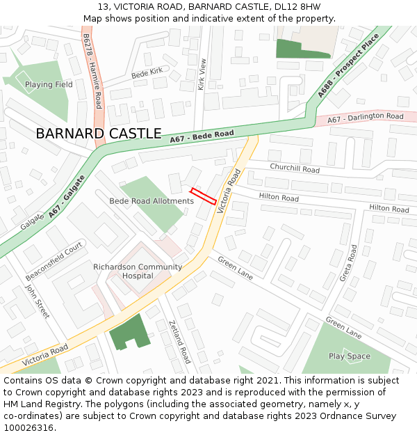 13, VICTORIA ROAD, BARNARD CASTLE, DL12 8HW: Location map and indicative extent of plot