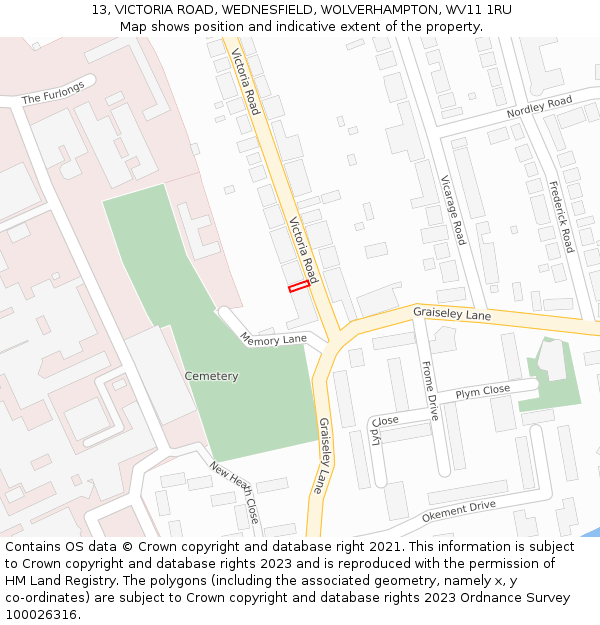 13, VICTORIA ROAD, WEDNESFIELD, WOLVERHAMPTON, WV11 1RU: Location map and indicative extent of plot