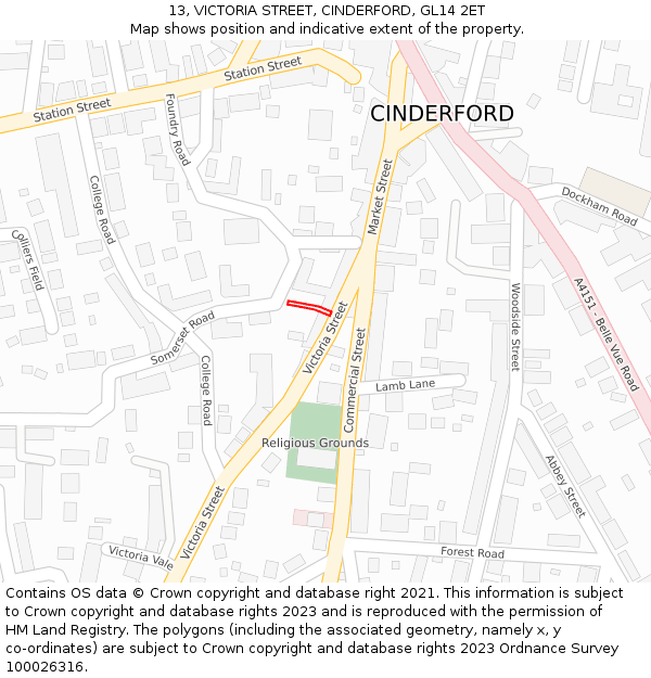 13, VICTORIA STREET, CINDERFORD, GL14 2ET: Location map and indicative extent of plot