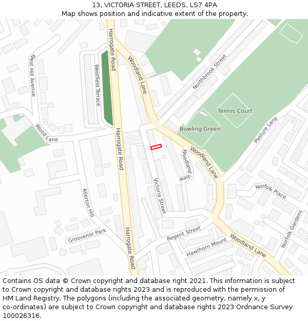 13, VICTORIA STREET, LEEDS, LS7 4PA: Location map and indicative extent of plot