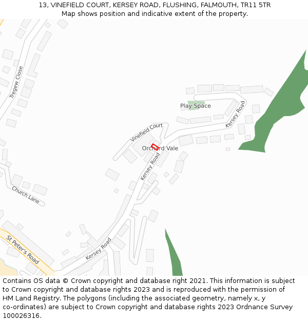 13, VINEFIELD COURT, KERSEY ROAD, FLUSHING, FALMOUTH, TR11 5TR: Location map and indicative extent of plot