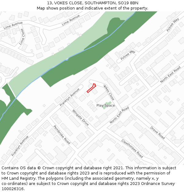 13, VOKES CLOSE, SOUTHAMPTON, SO19 8BN: Location map and indicative extent of plot