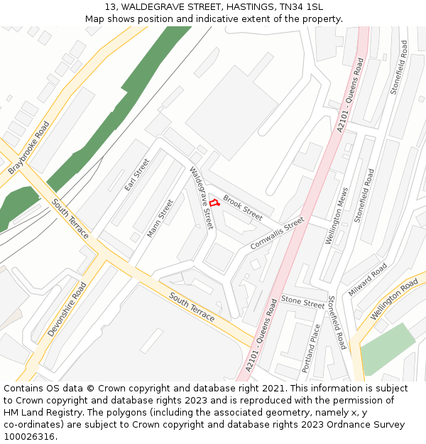 13, WALDEGRAVE STREET, HASTINGS, TN34 1SL: Location map and indicative extent of plot