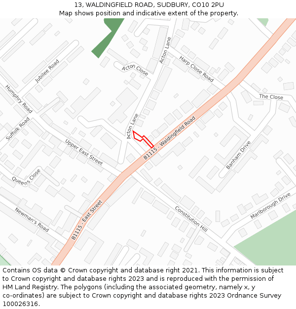 13, WALDINGFIELD ROAD, SUDBURY, CO10 2PU: Location map and indicative extent of plot
