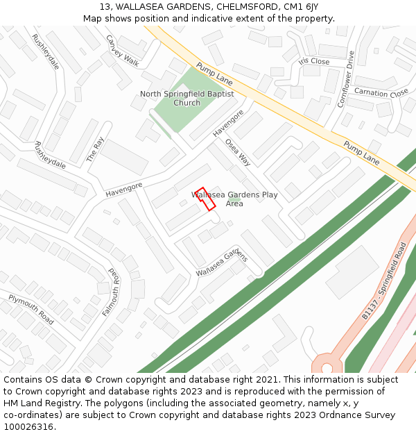 13, WALLASEA GARDENS, CHELMSFORD, CM1 6JY: Location map and indicative extent of plot