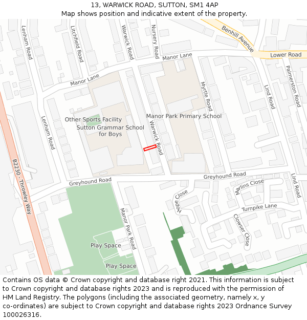 13, WARWICK ROAD, SUTTON, SM1 4AP: Location map and indicative extent of plot