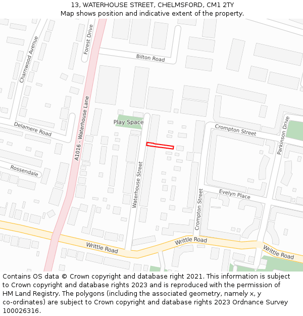 13, WATERHOUSE STREET, CHELMSFORD, CM1 2TY: Location map and indicative extent of plot