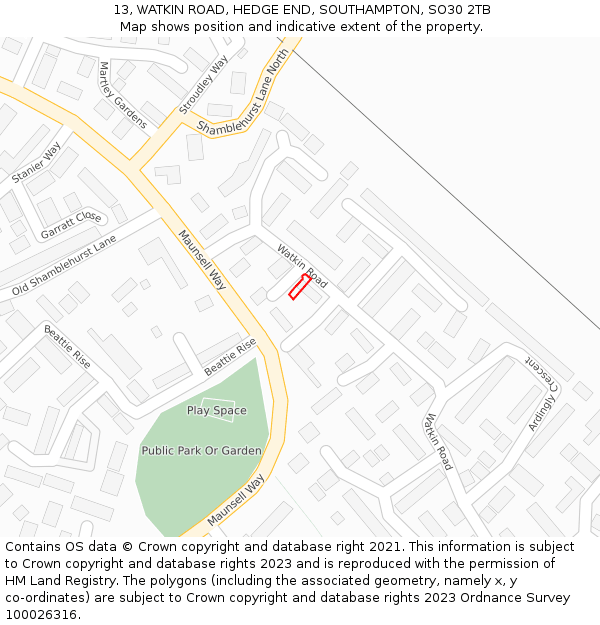 13, WATKIN ROAD, HEDGE END, SOUTHAMPTON, SO30 2TB: Location map and indicative extent of plot