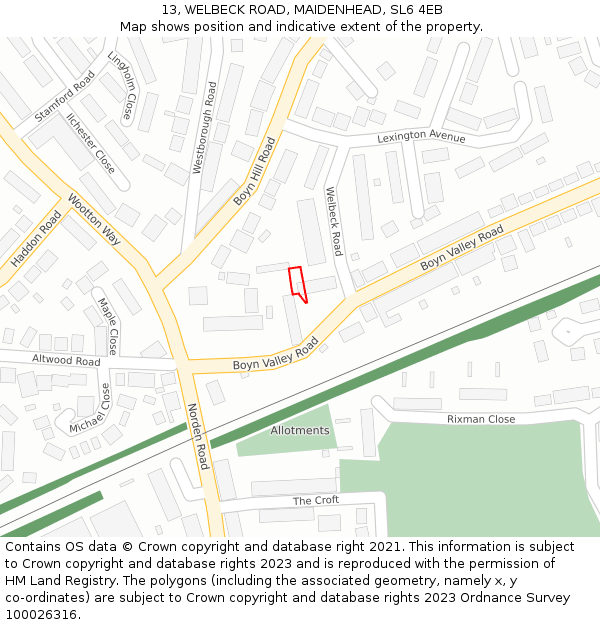 13, WELBECK ROAD, MAIDENHEAD, SL6 4EB: Location map and indicative extent of plot