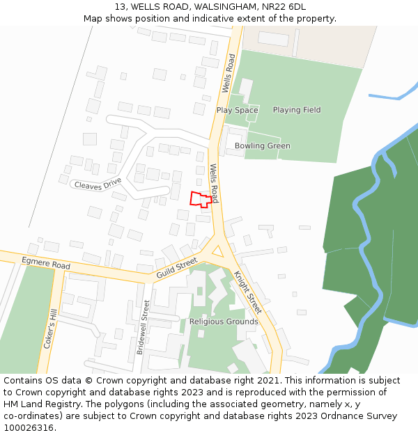 13, WELLS ROAD, WALSINGHAM, NR22 6DL: Location map and indicative extent of plot