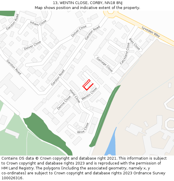 13, WENTIN CLOSE, CORBY, NN18 8NJ: Location map and indicative extent of plot