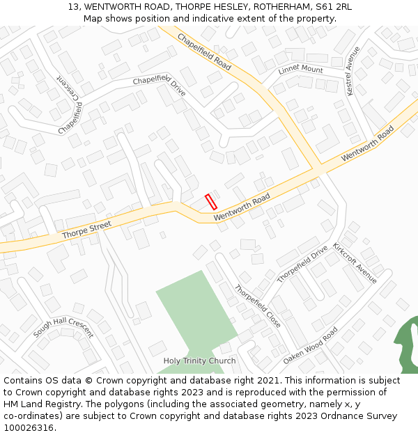 13, WENTWORTH ROAD, THORPE HESLEY, ROTHERHAM, S61 2RL: Location map and indicative extent of plot
