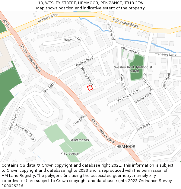 13, WESLEY STREET, HEAMOOR, PENZANCE, TR18 3EW: Location map and indicative extent of plot