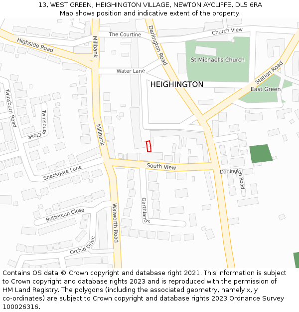 13, WEST GREEN, HEIGHINGTON VILLAGE, NEWTON AYCLIFFE, DL5 6RA: Location map and indicative extent of plot