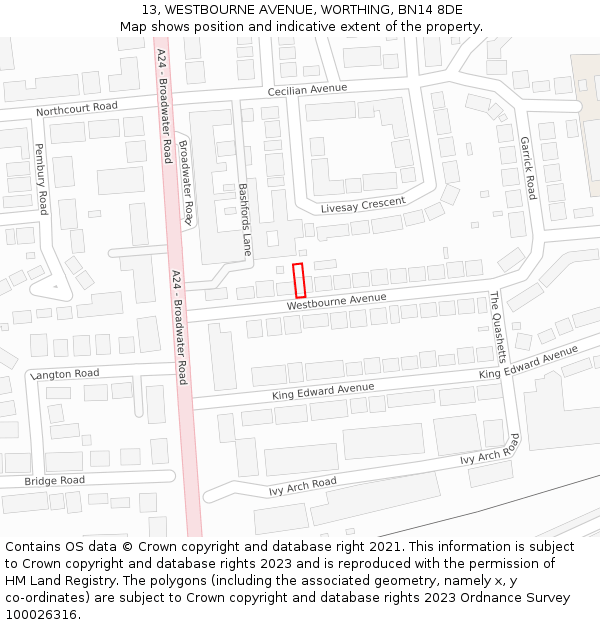 13, WESTBOURNE AVENUE, WORTHING, BN14 8DE: Location map and indicative extent of plot