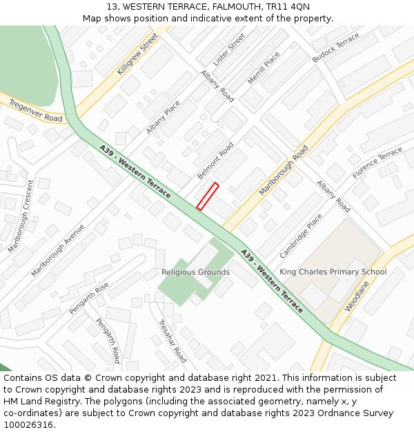 13, WESTERN TERRACE, FALMOUTH, TR11 4QN: Location map and indicative extent of plot