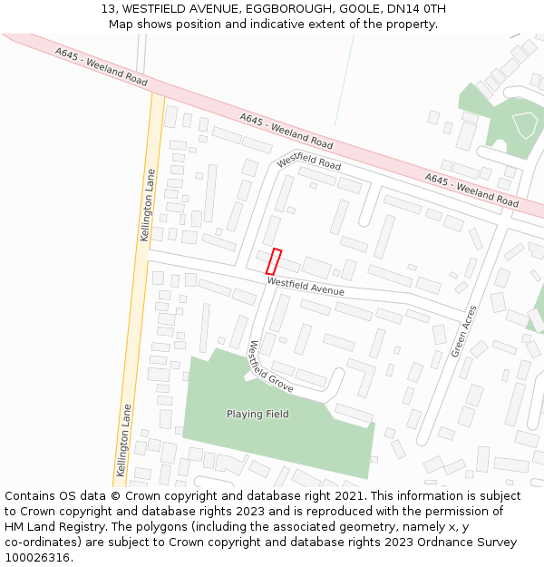 13, WESTFIELD AVENUE, EGGBOROUGH, GOOLE, DN14 0TH: Location map and indicative extent of plot