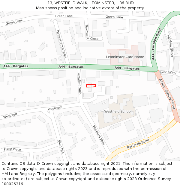 13, WESTFIELD WALK, LEOMINSTER, HR6 8HD: Location map and indicative extent of plot
