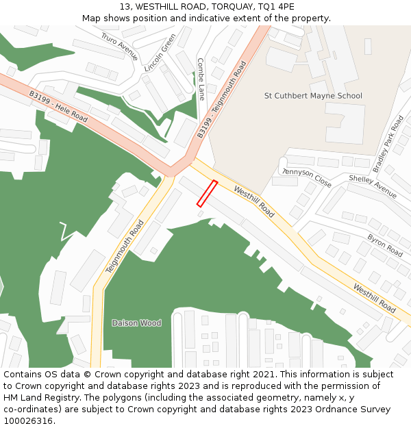 13, WESTHILL ROAD, TORQUAY, TQ1 4PE: Location map and indicative extent of plot