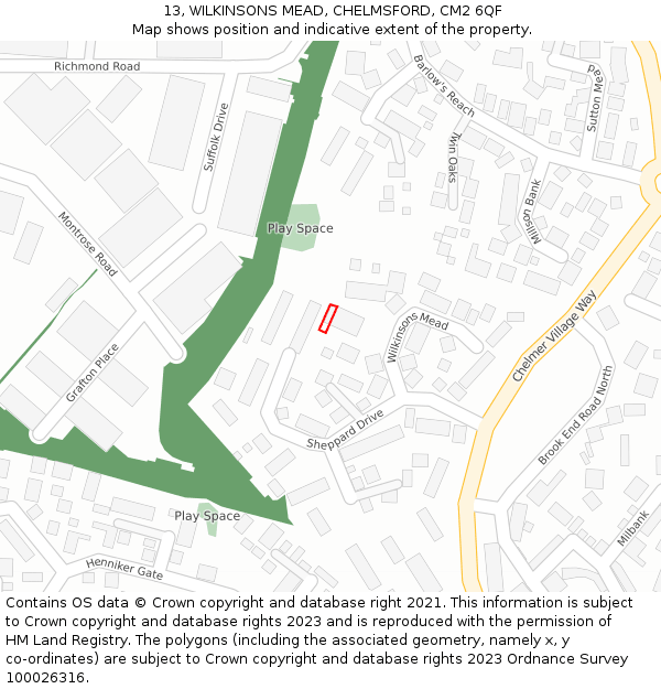 13, WILKINSONS MEAD, CHELMSFORD, CM2 6QF: Location map and indicative extent of plot