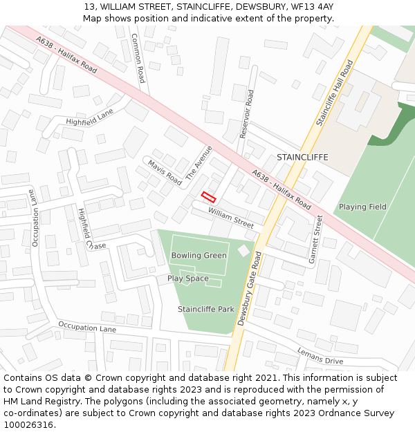 13, WILLIAM STREET, STAINCLIFFE, DEWSBURY, WF13 4AY: Location map and indicative extent of plot