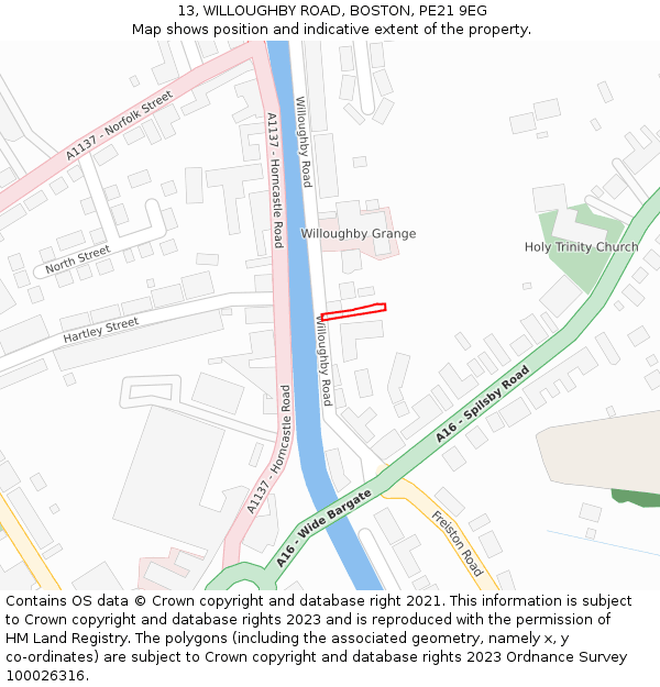 13, WILLOUGHBY ROAD, BOSTON, PE21 9EG: Location map and indicative extent of plot