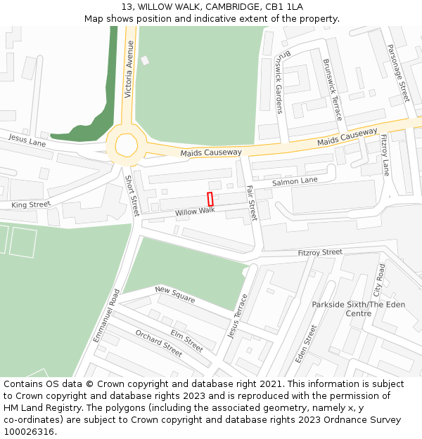 13, WILLOW WALK, CAMBRIDGE, CB1 1LA: Location map and indicative extent of plot