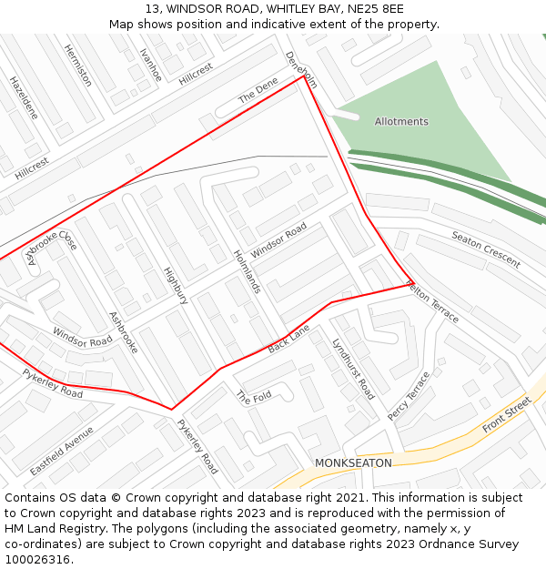 13, WINDSOR ROAD, WHITLEY BAY, NE25 8EE: Location map and indicative extent of plot