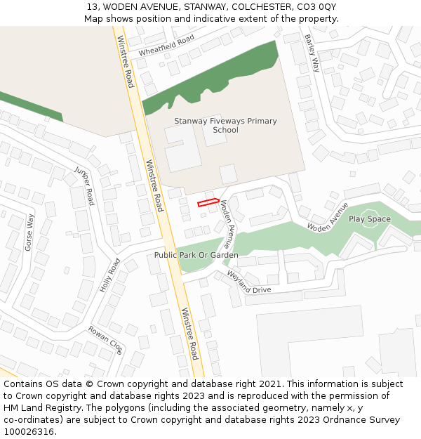 13, WODEN AVENUE, STANWAY, COLCHESTER, CO3 0QY: Location map and indicative extent of plot