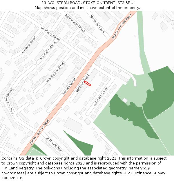13, WOLSTERN ROAD, STOKE-ON-TRENT, ST3 5BU: Location map and indicative extent of plot