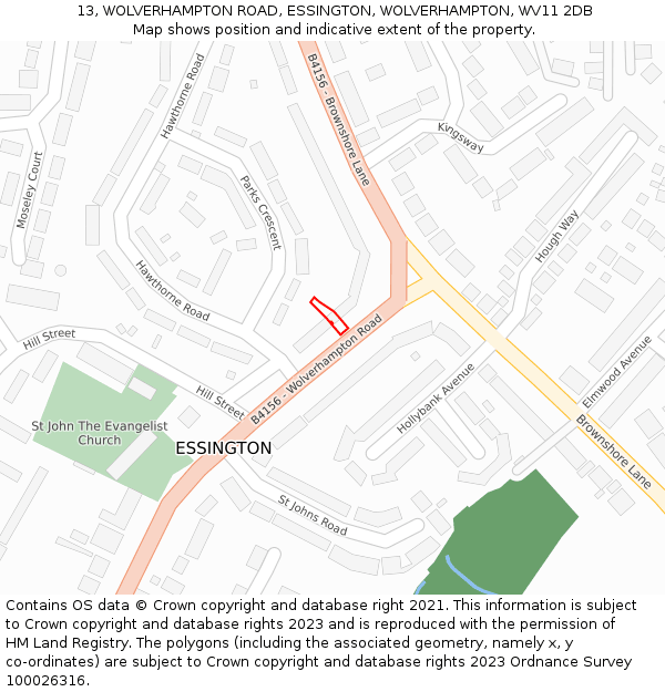13, WOLVERHAMPTON ROAD, ESSINGTON, WOLVERHAMPTON, WV11 2DB: Location map and indicative extent of plot