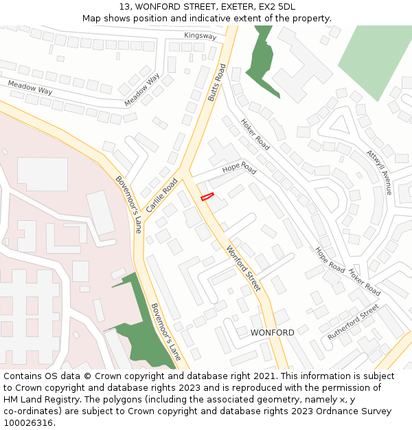 13, WONFORD STREET, EXETER, EX2 5DL: Location map and indicative extent of plot