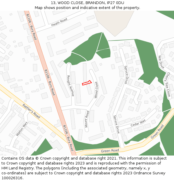 13, WOOD CLOSE, BRANDON, IP27 0DU: Location map and indicative extent of plot