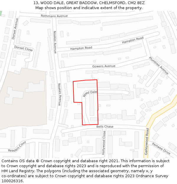 13, WOOD DALE, GREAT BADDOW, CHELMSFORD, CM2 8EZ: Location map and indicative extent of plot