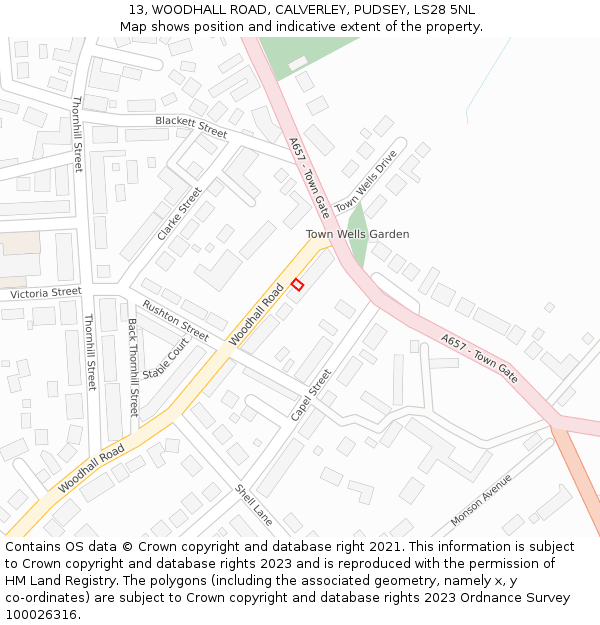 13, WOODHALL ROAD, CALVERLEY, PUDSEY, LS28 5NL: Location map and indicative extent of plot