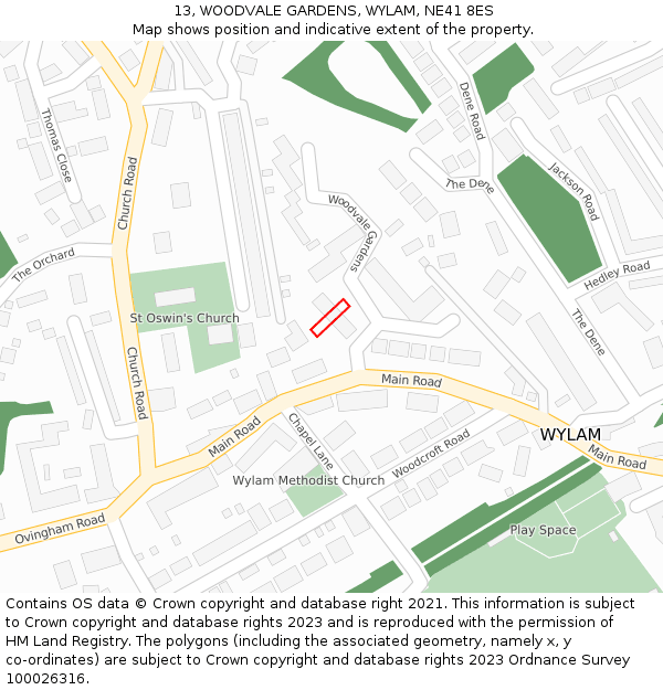 13, WOODVALE GARDENS, WYLAM, NE41 8ES: Location map and indicative extent of plot
