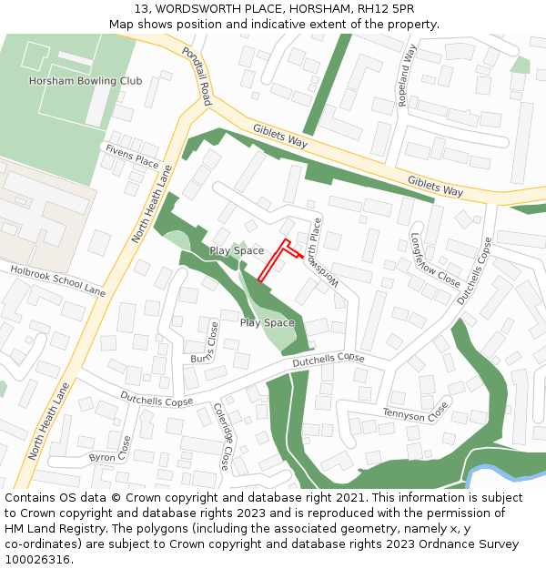 13, WORDSWORTH PLACE, HORSHAM, RH12 5PR: Location map and indicative extent of plot