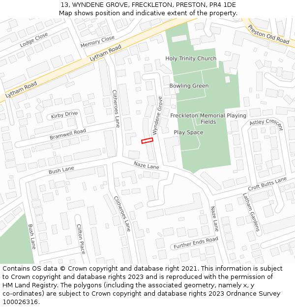 13, WYNDENE GROVE, FRECKLETON, PRESTON, PR4 1DE: Location map and indicative extent of plot
