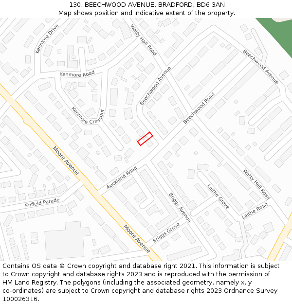130, BEECHWOOD AVENUE, BRADFORD, BD6 3AN: Location map and indicative extent of plot
