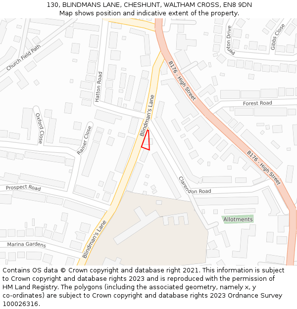 130, BLINDMANS LANE, CHESHUNT, WALTHAM CROSS, EN8 9DN: Location map and indicative extent of plot